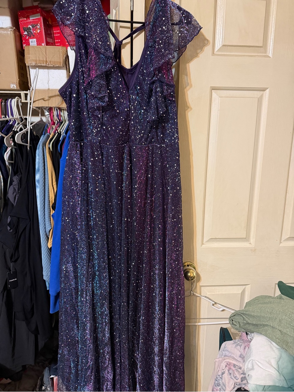 Glitter Ruffle Maxi Dress in Deep Purple